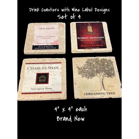 Handmade Natural Stone Marble Drink Coasters - French Wine Theme Set of 4 New - Picture 1 of 5
